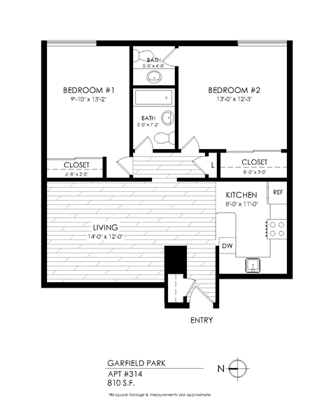 Floor plan for 2 beds, 1.5 baths, 795 sqft